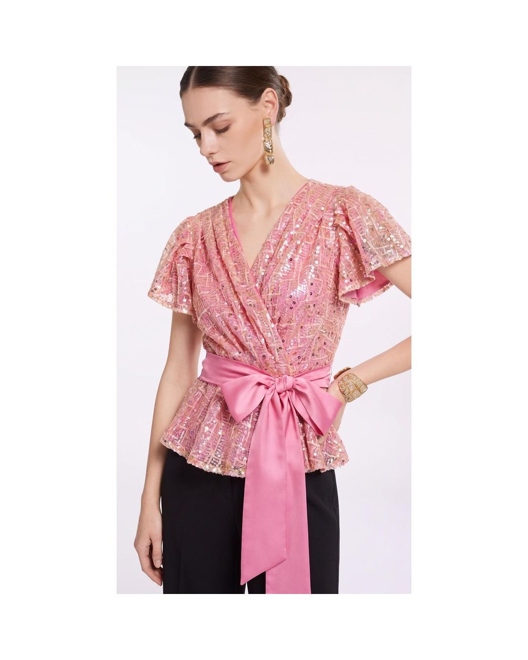 concept A trois Pink Sequin Wrap Top With Satin Tie