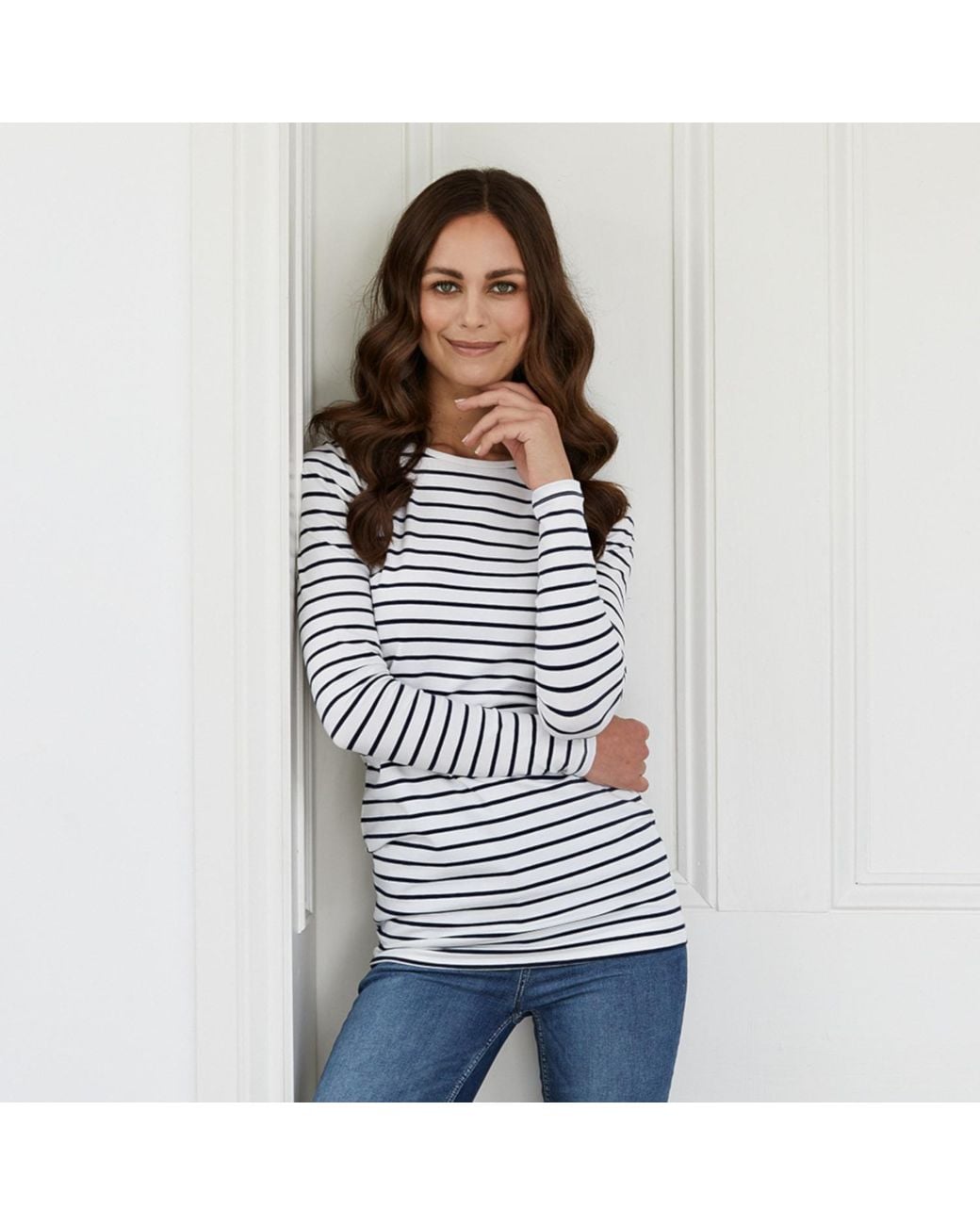 Cove Blue Long Length Cotton Ivory & Stripe Tee