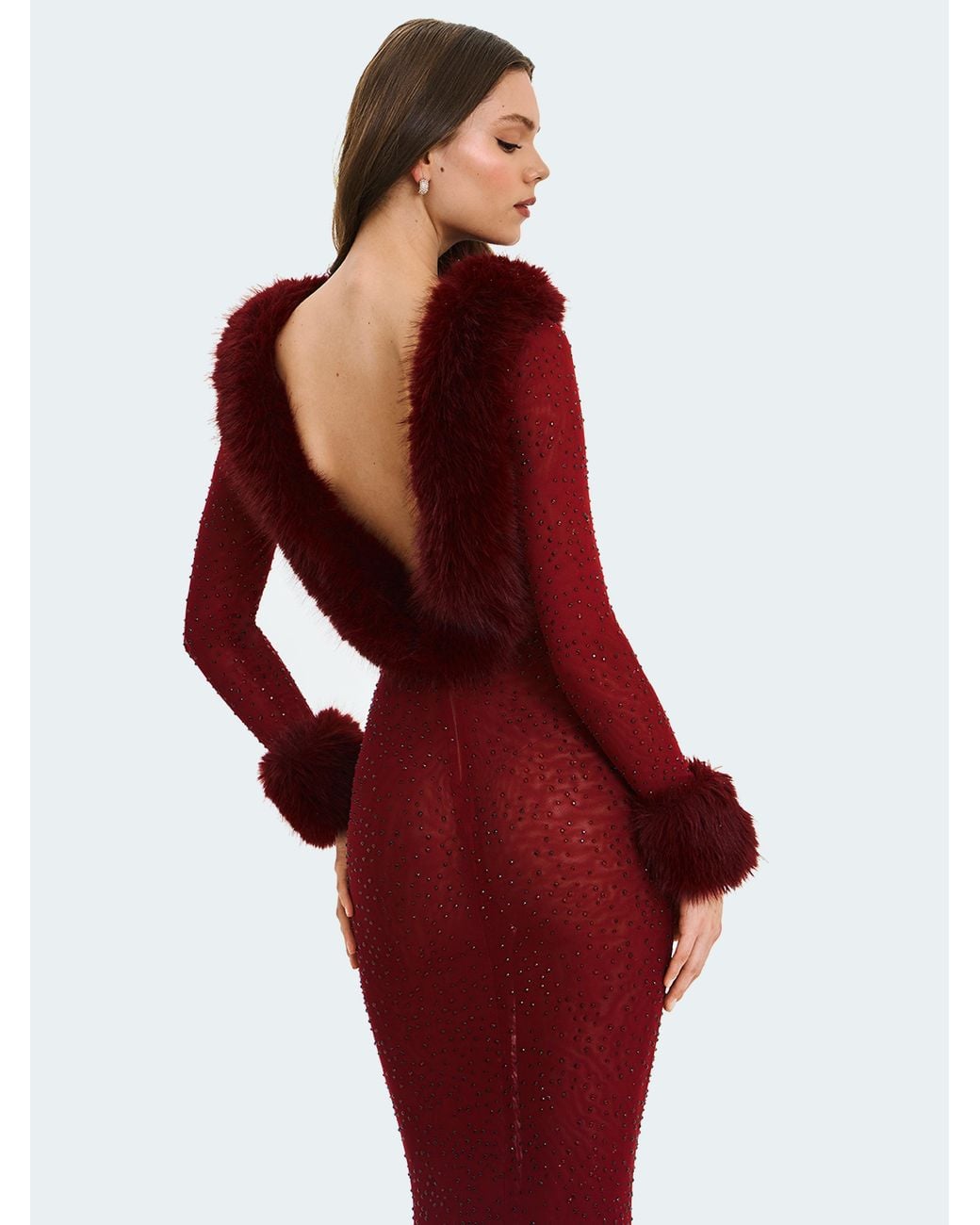Miss Circle New York Purple Mellie Burgundy Regular-Length Rhinestone Mesh Low Back Mermaid Gown