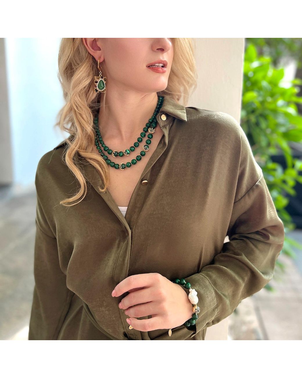 Farra Green Christmas Malachite With Baroque Pearl Adjustable Bracelet