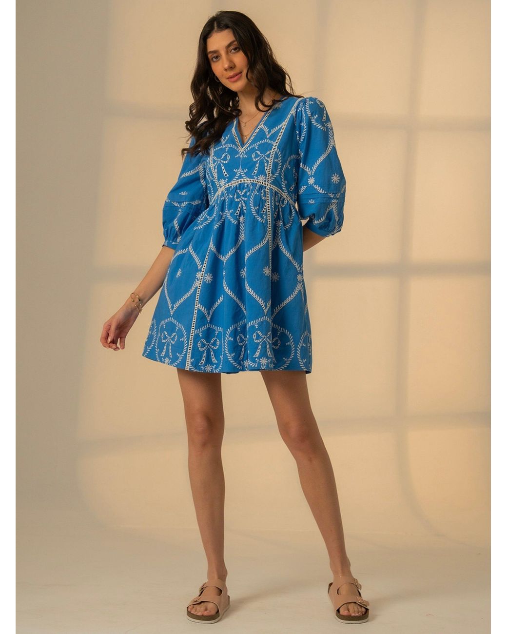 Rose & Nancy Blue Charlie Embroidered Bow Mini Dress