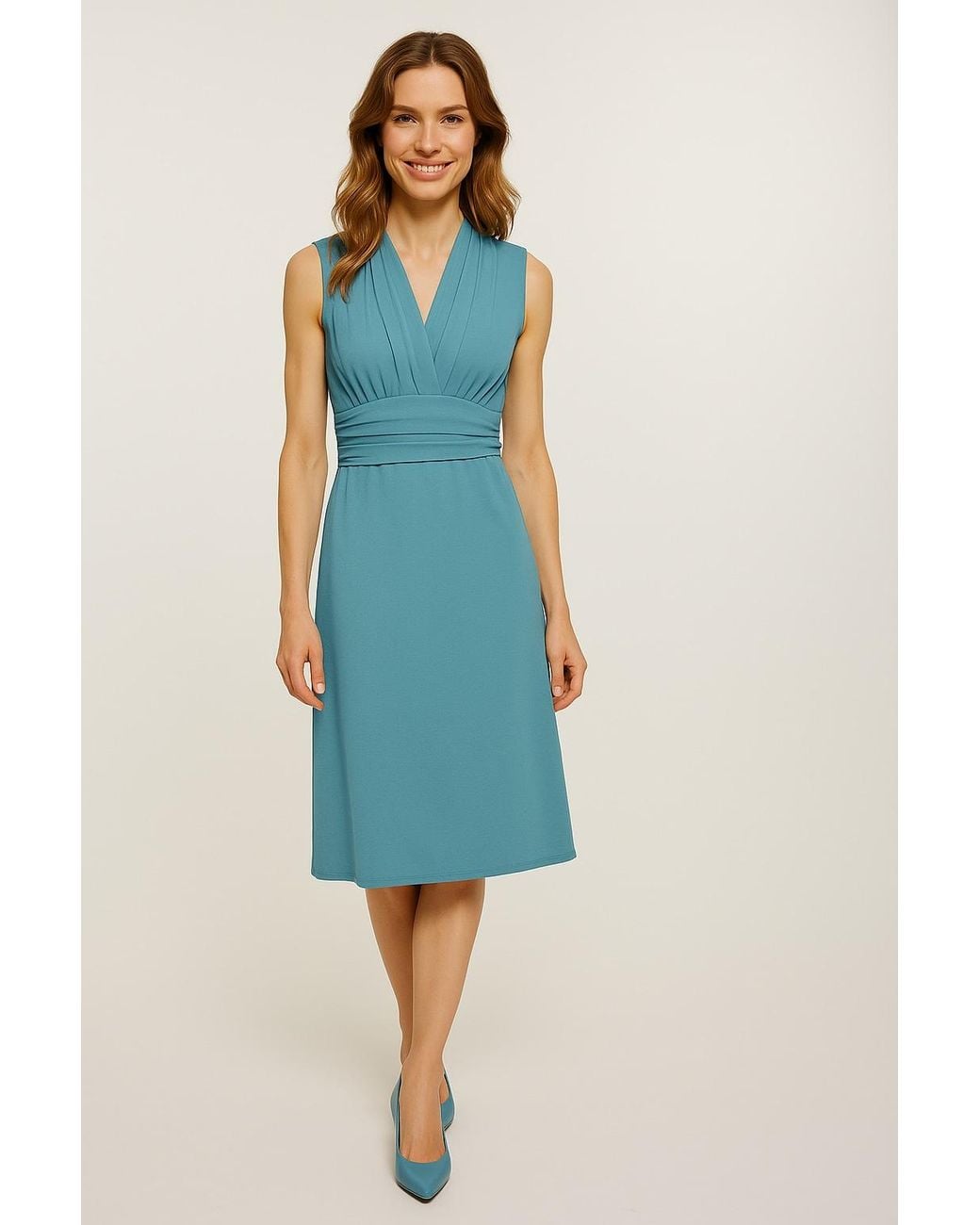 Conquista Blue Dusty Sleeveless V-Neck Wrap Dress – Soft Viscose Jersey