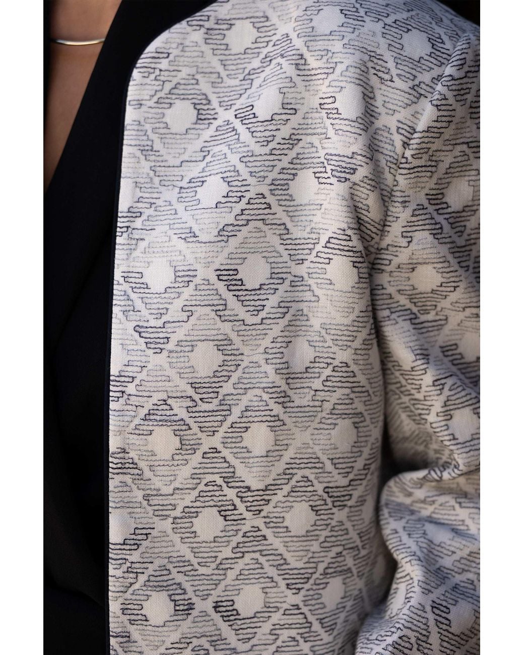Stovaria Gray Ivory Embroidered Pure Linen Statement Jacket