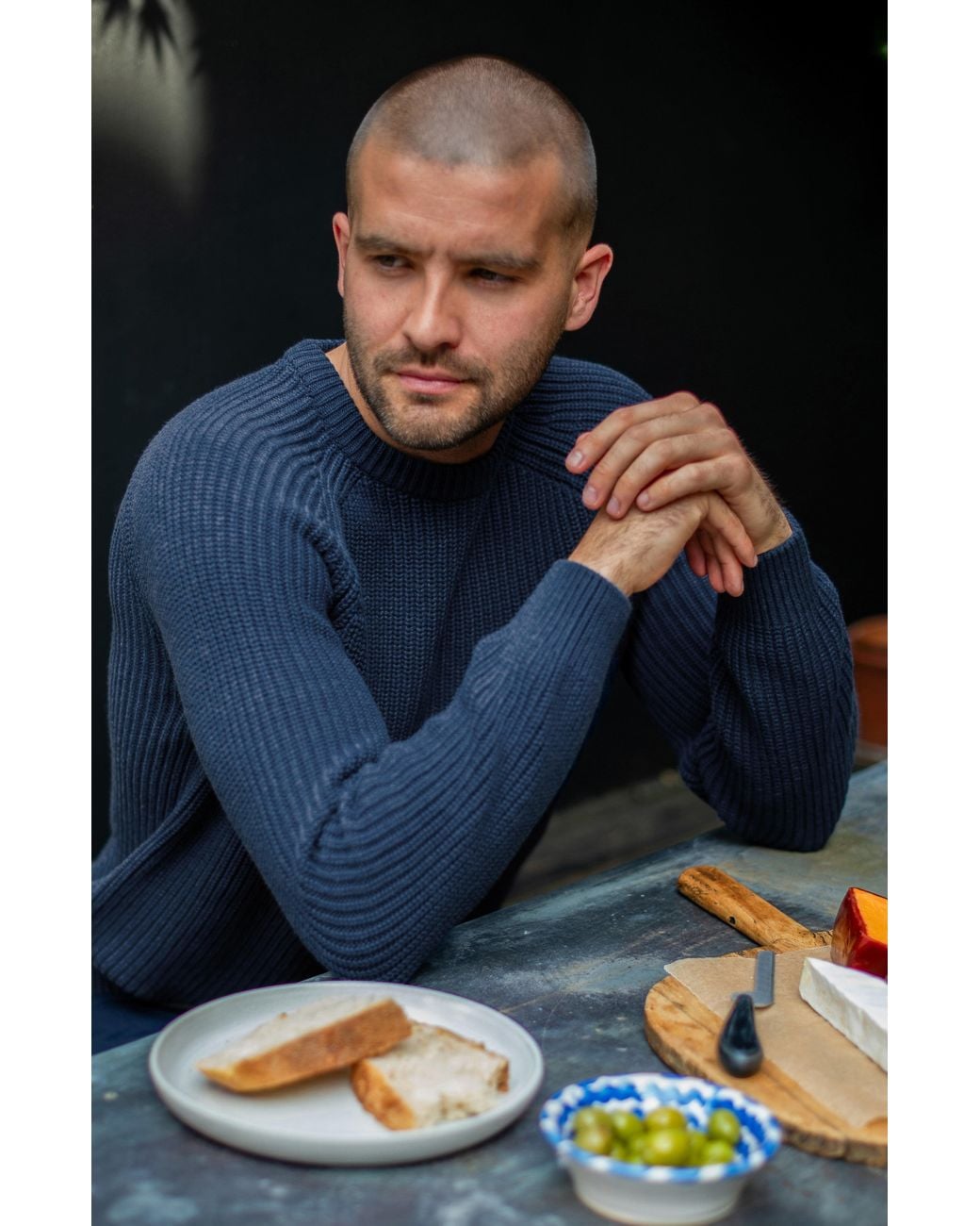 Paul James Knitwear Blue Heavyweight Cotton Fisherman Rib Knit Jumper for men