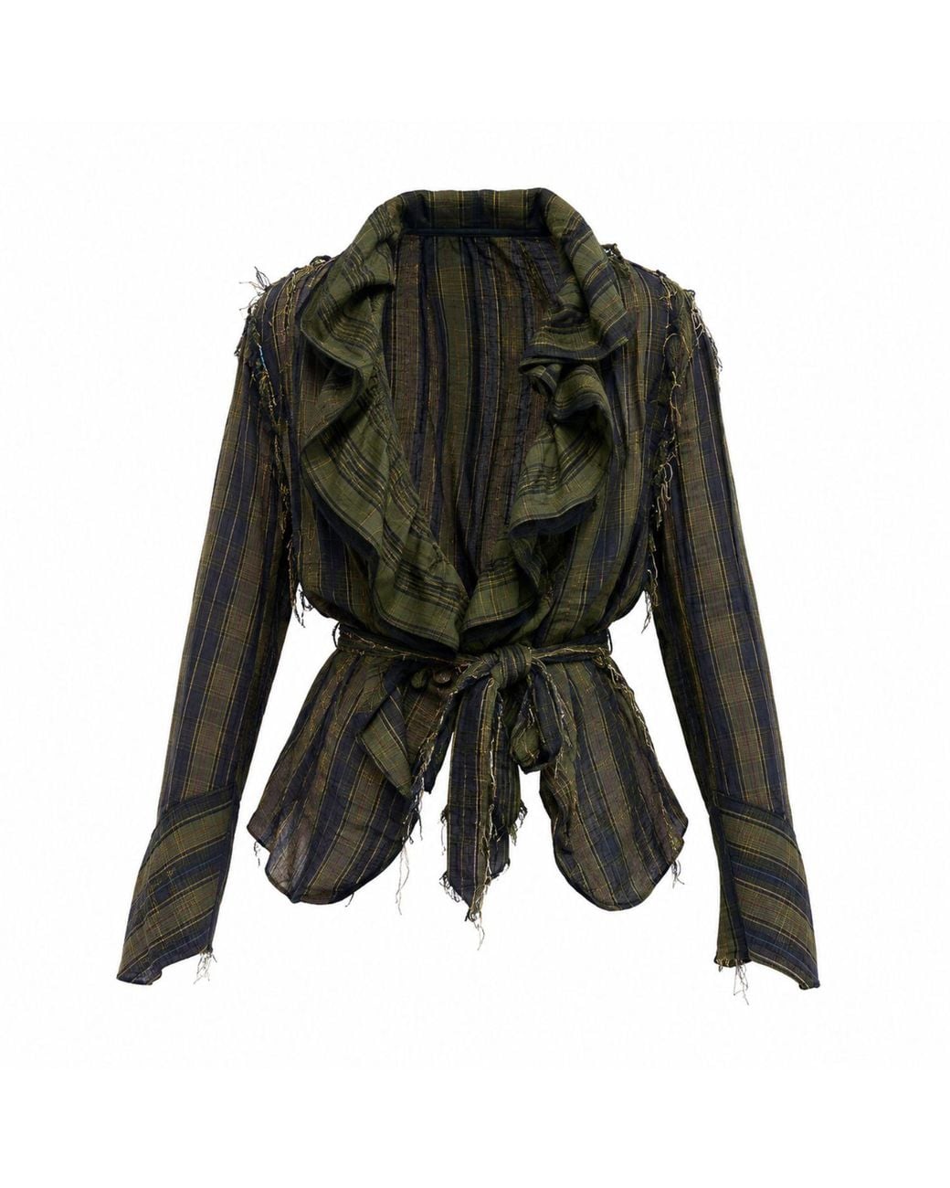 Miro Misljen Green Deconstructed Plaid Ruffle Blouse