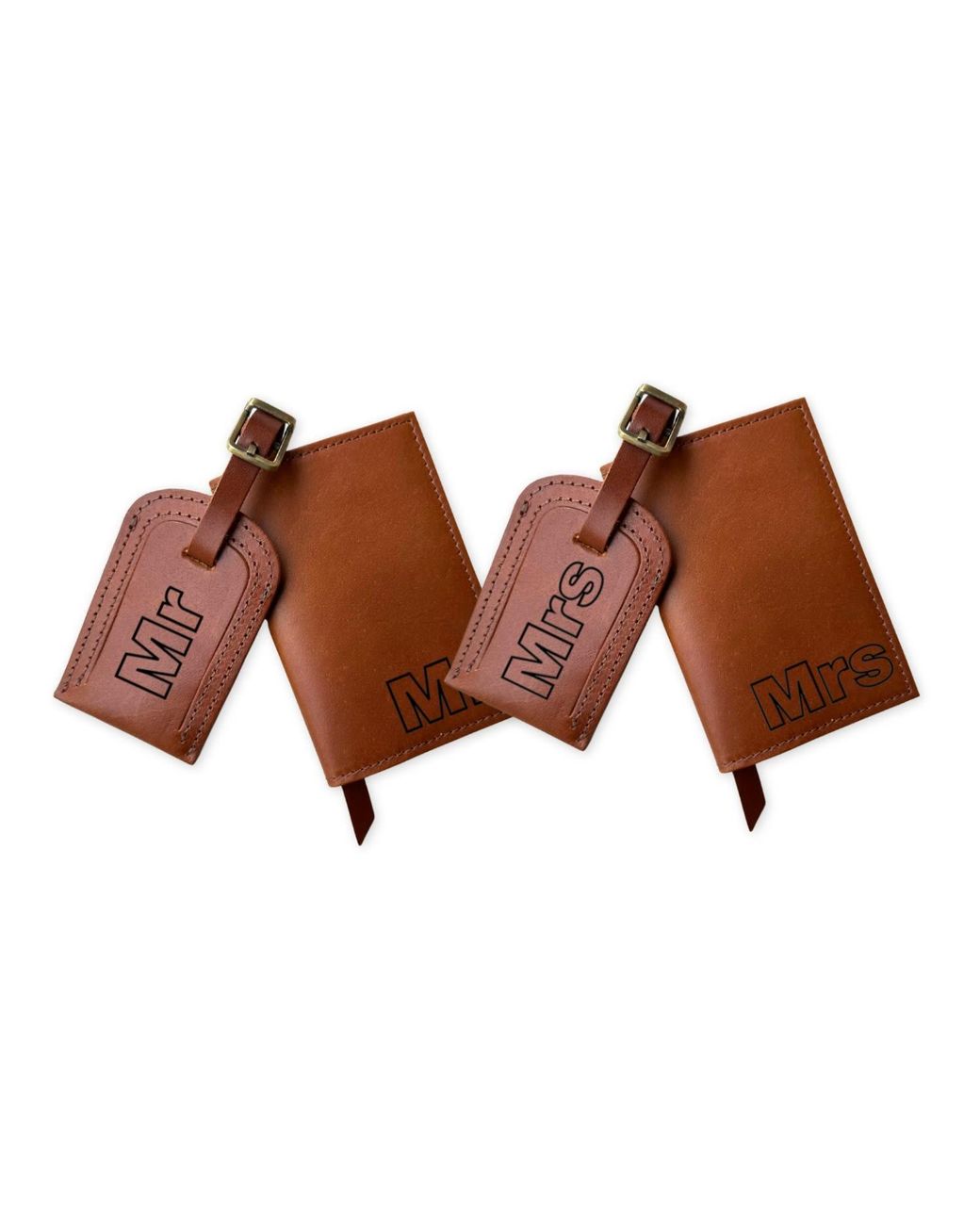 VIDA VIDA Brown Mr & Mrs Handmade Leather Passport And Luggage Tag Travel Set for men