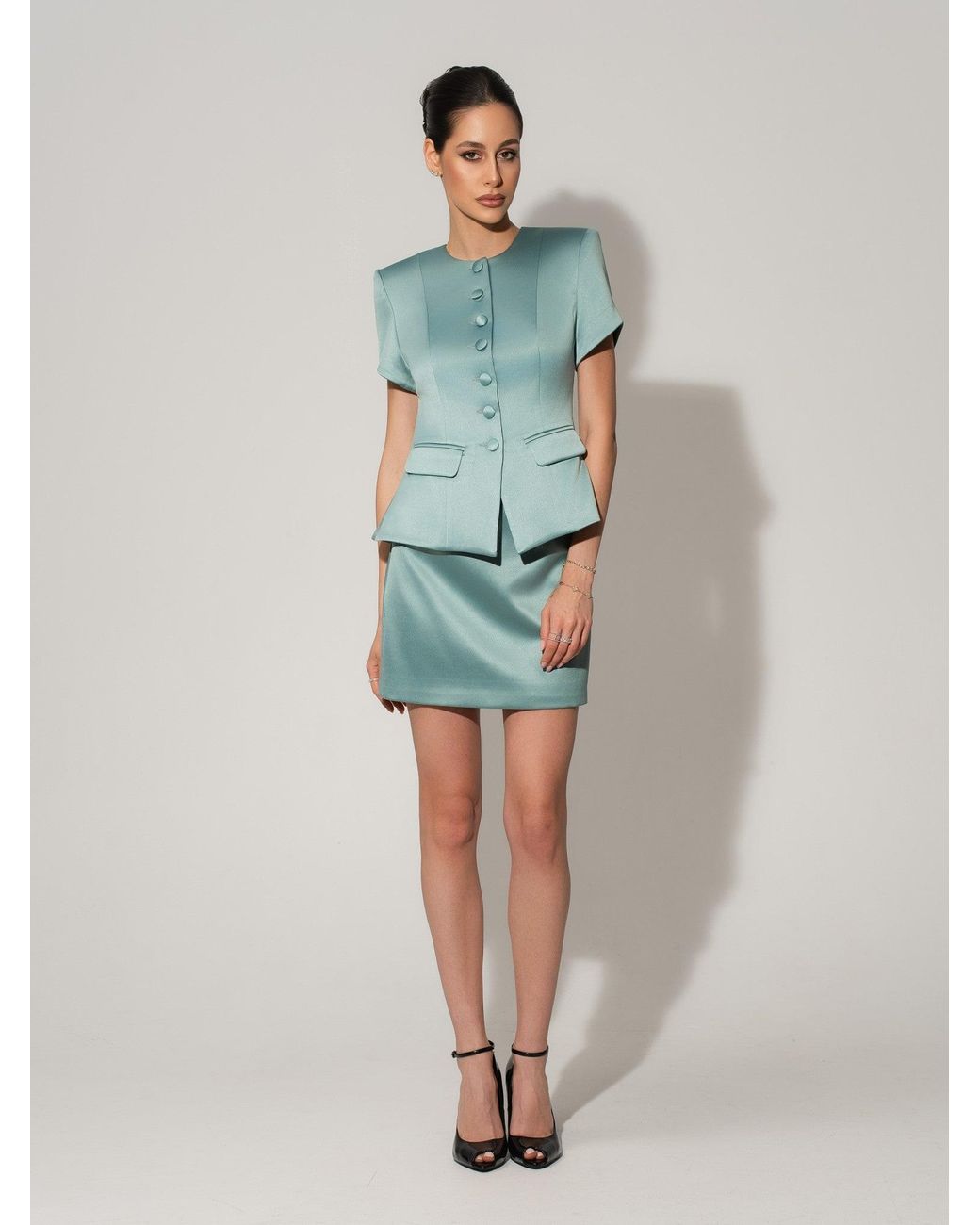 Tia Dorraine Green Satin Mini Skirt