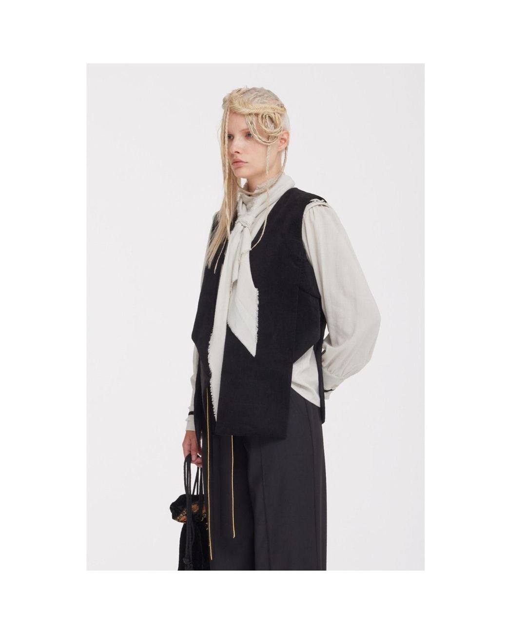 Julia Allert Black Longline Asymmetric Wrap Velvet Vest –