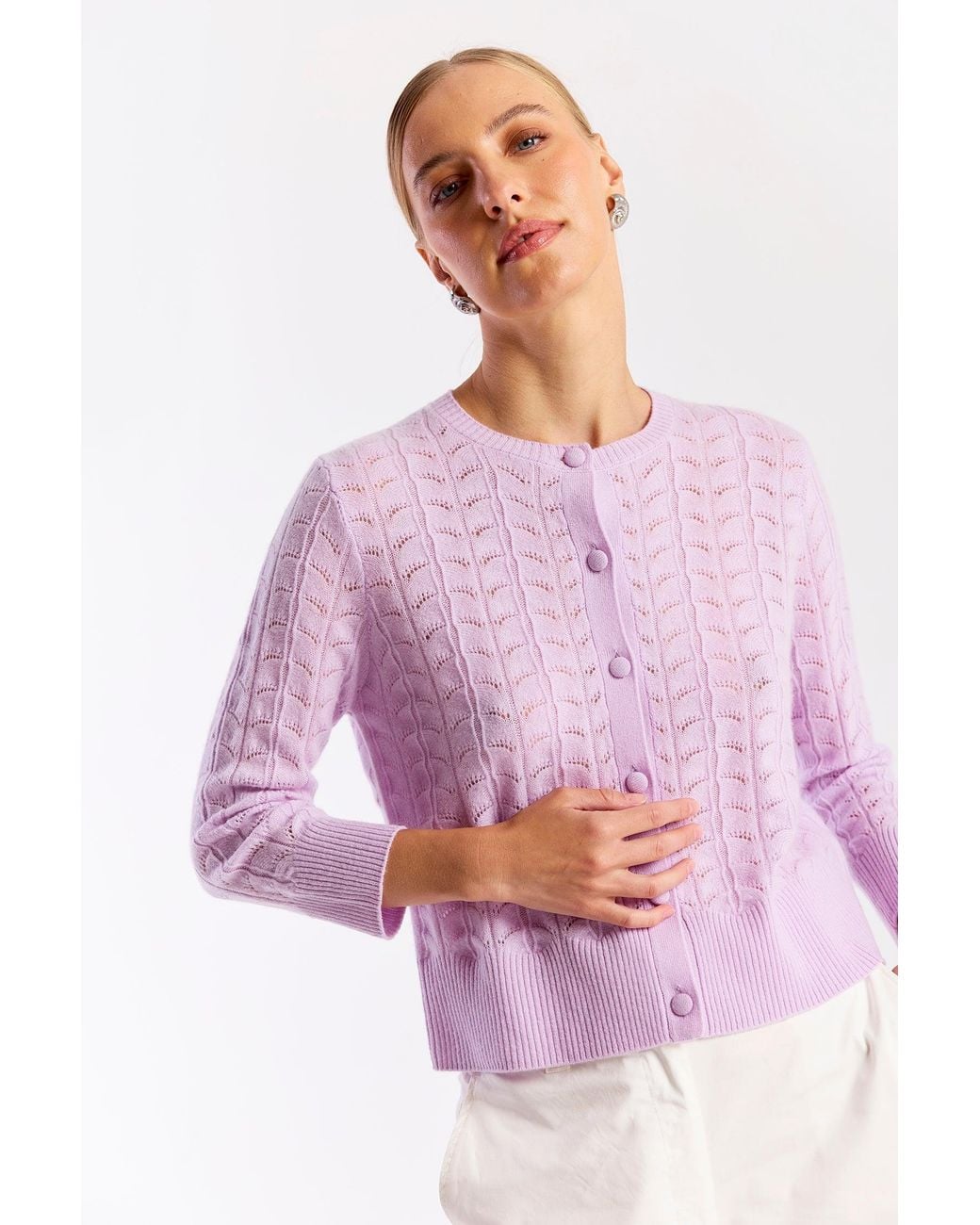 Brodie Cashmere Purple Shell Pointelle Cashmere Cardigan