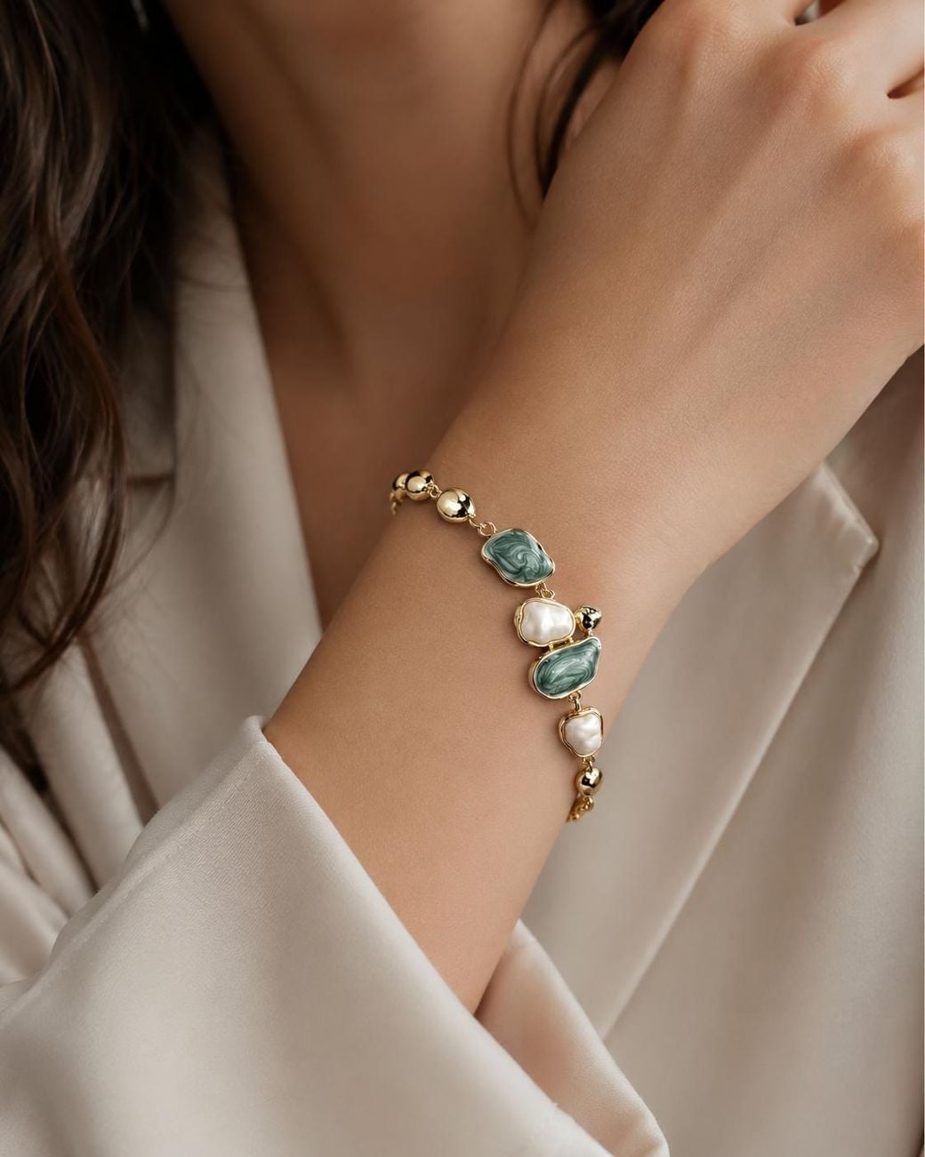 By Ozge Metallic Sea Whisper Mother Of Pearl & Enamel Plated Bracelet