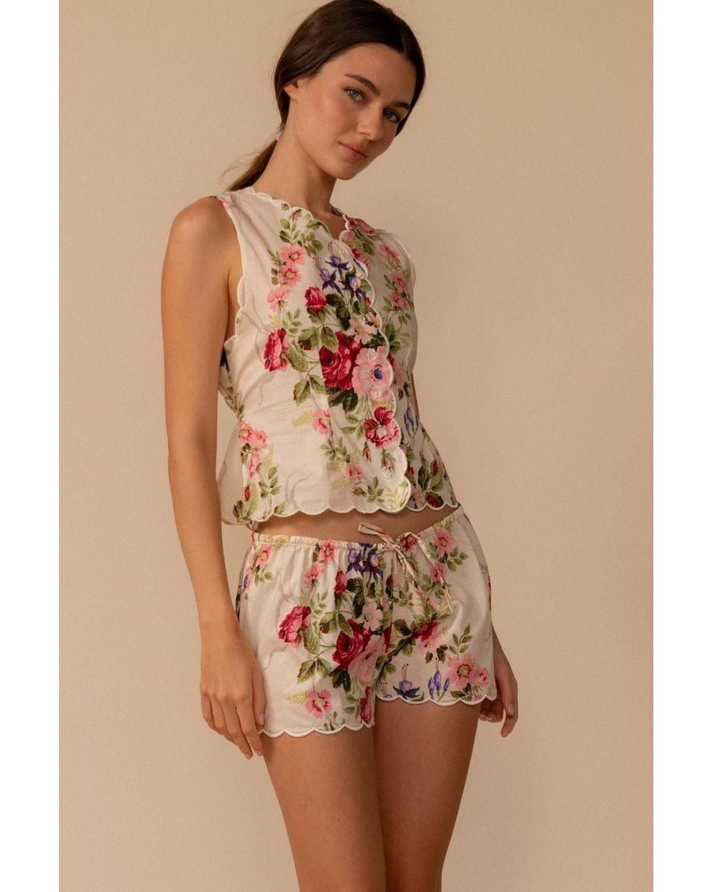 Montce Brown Bouquet Scalloped Low-Rise Drawstring Short