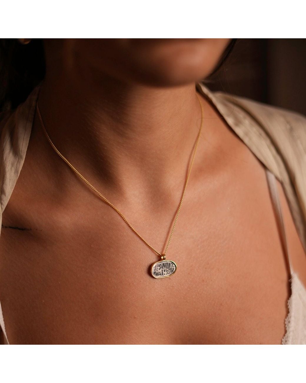 Ebru Jewelry Metallic Spiritual Egyptian Symbols Sterling & Oval Pendant Dainty Necklace