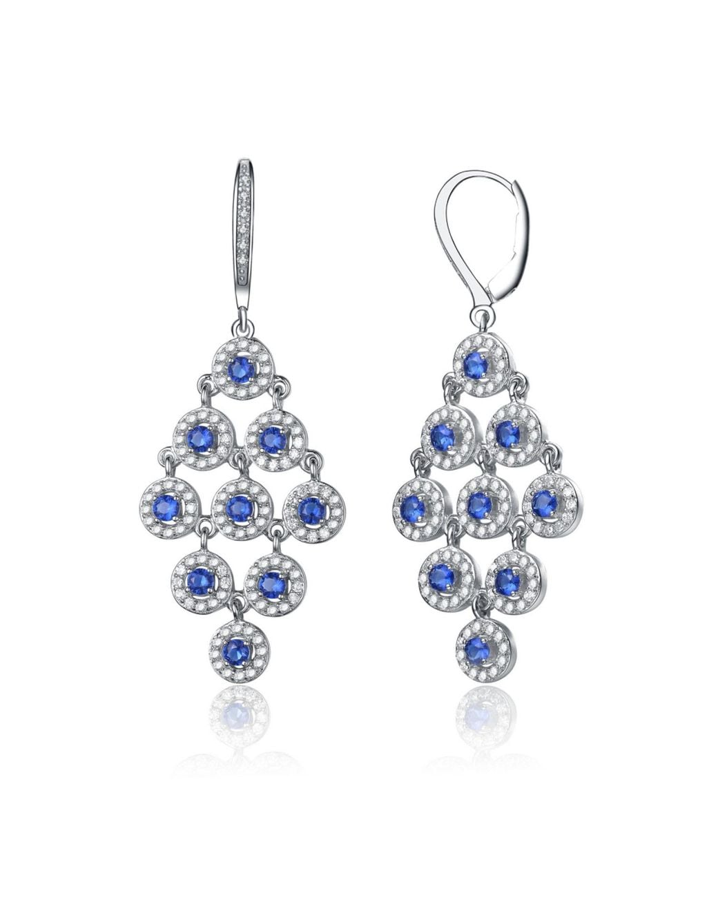Genevive Jewelry Blue Cubic Zirconia Sterling Rhodium Plated Sapphire Round Chandelier Earrings