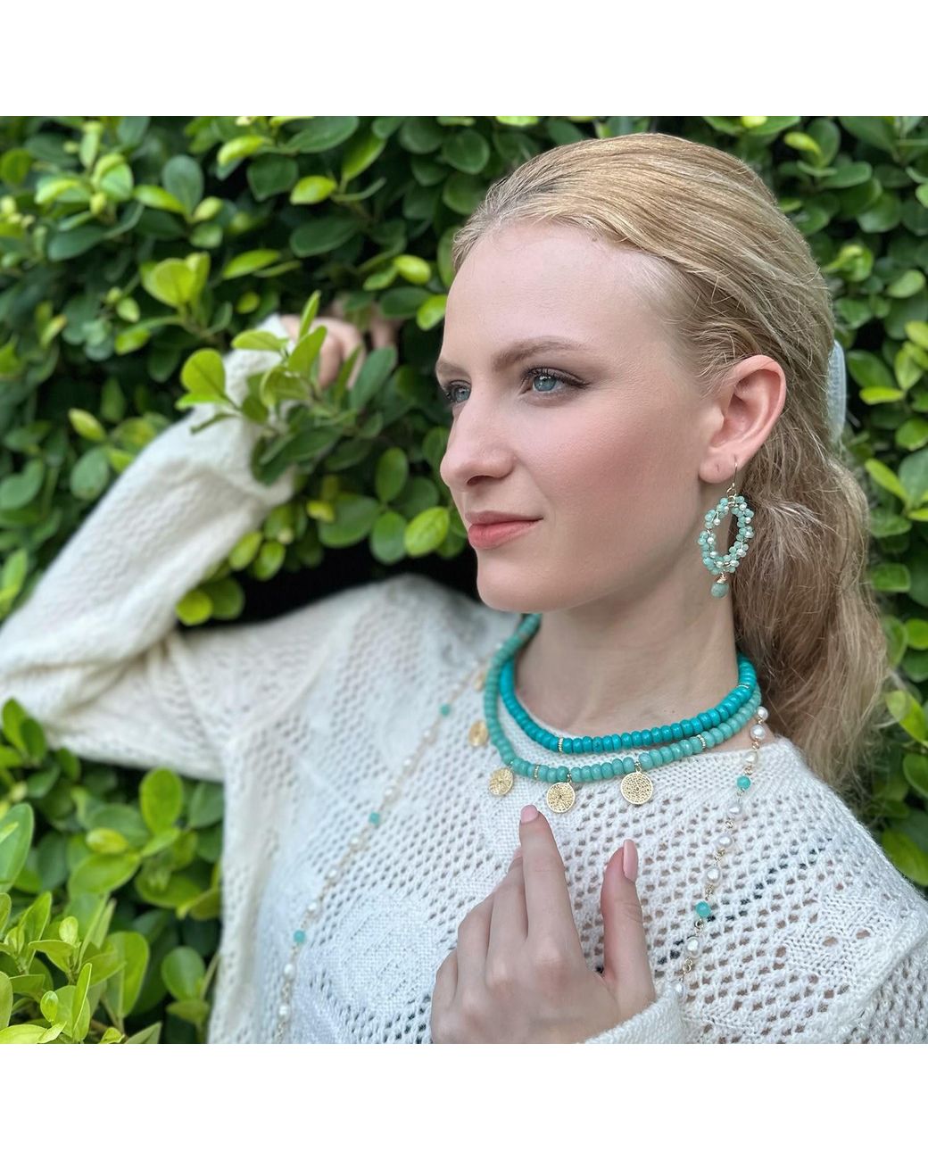 Farra Green Amazonite Double Strands Coin Charm Statement Necklace