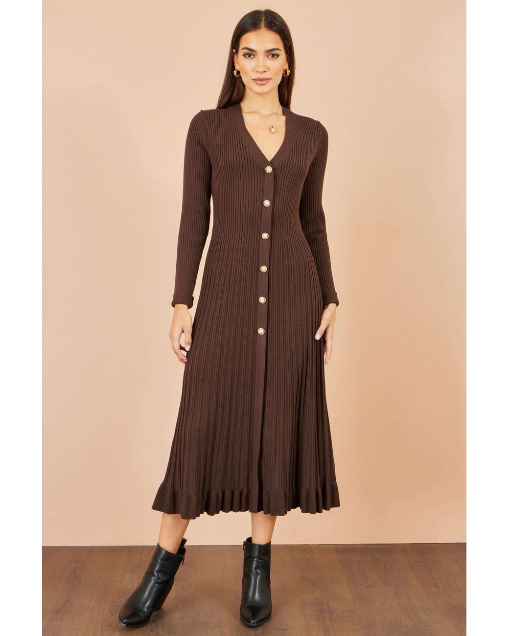 Yumi' Brown Viscose Knitted Midi Ribbed Dress