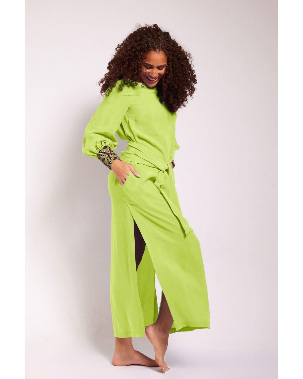 Yomisma Green Lotus Chiapas Embroidered Kaftan — Artisanal Handcrafted Resort Dress