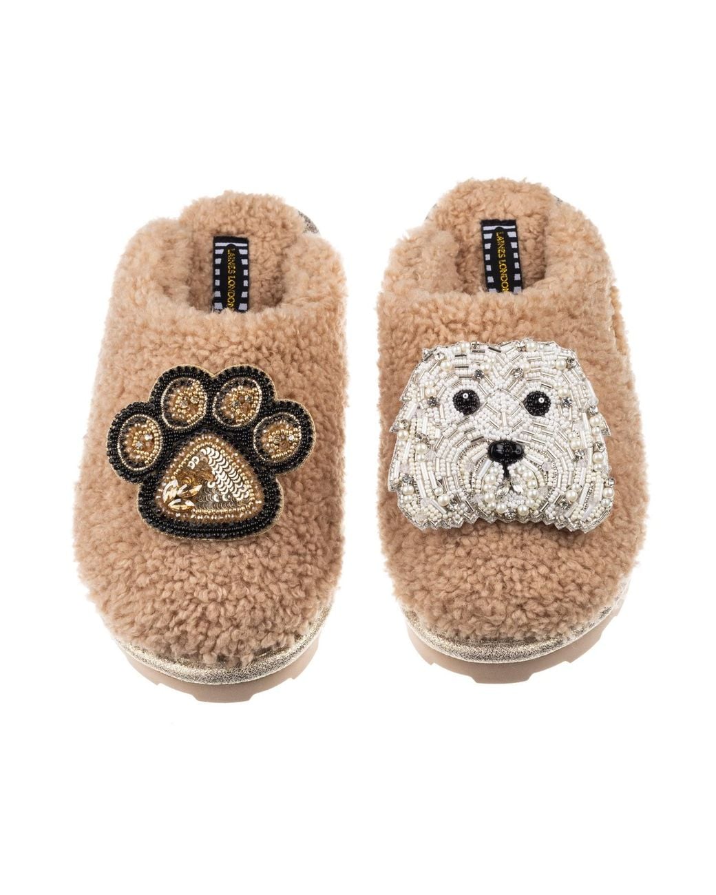 Laines London Metallic Teddy Towelling Closed Toe Slippers With Queenie The Bichon Frise & Paw Brooch