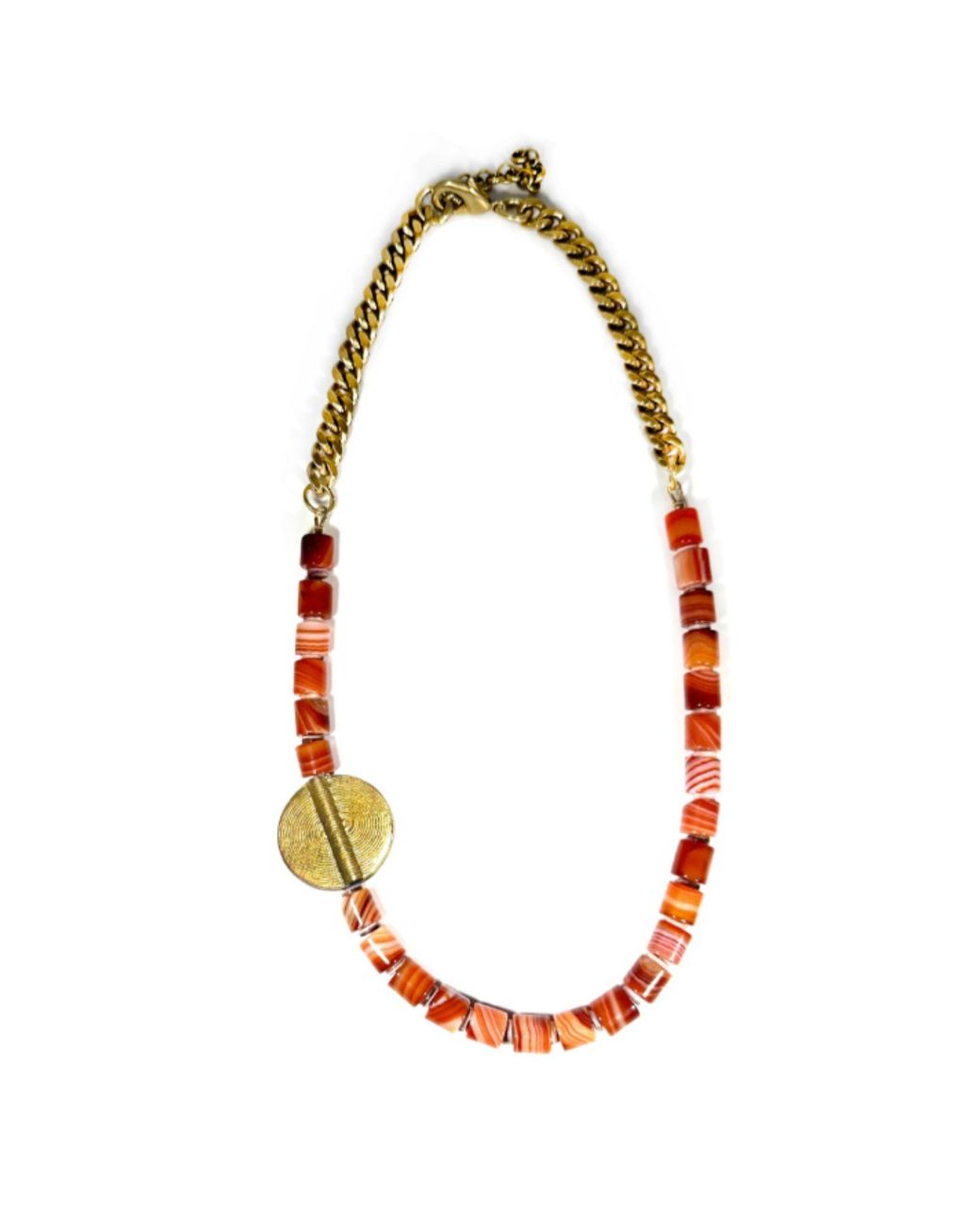 Rachel Nathan Red Banded Agate & Brass Medallion Necklace