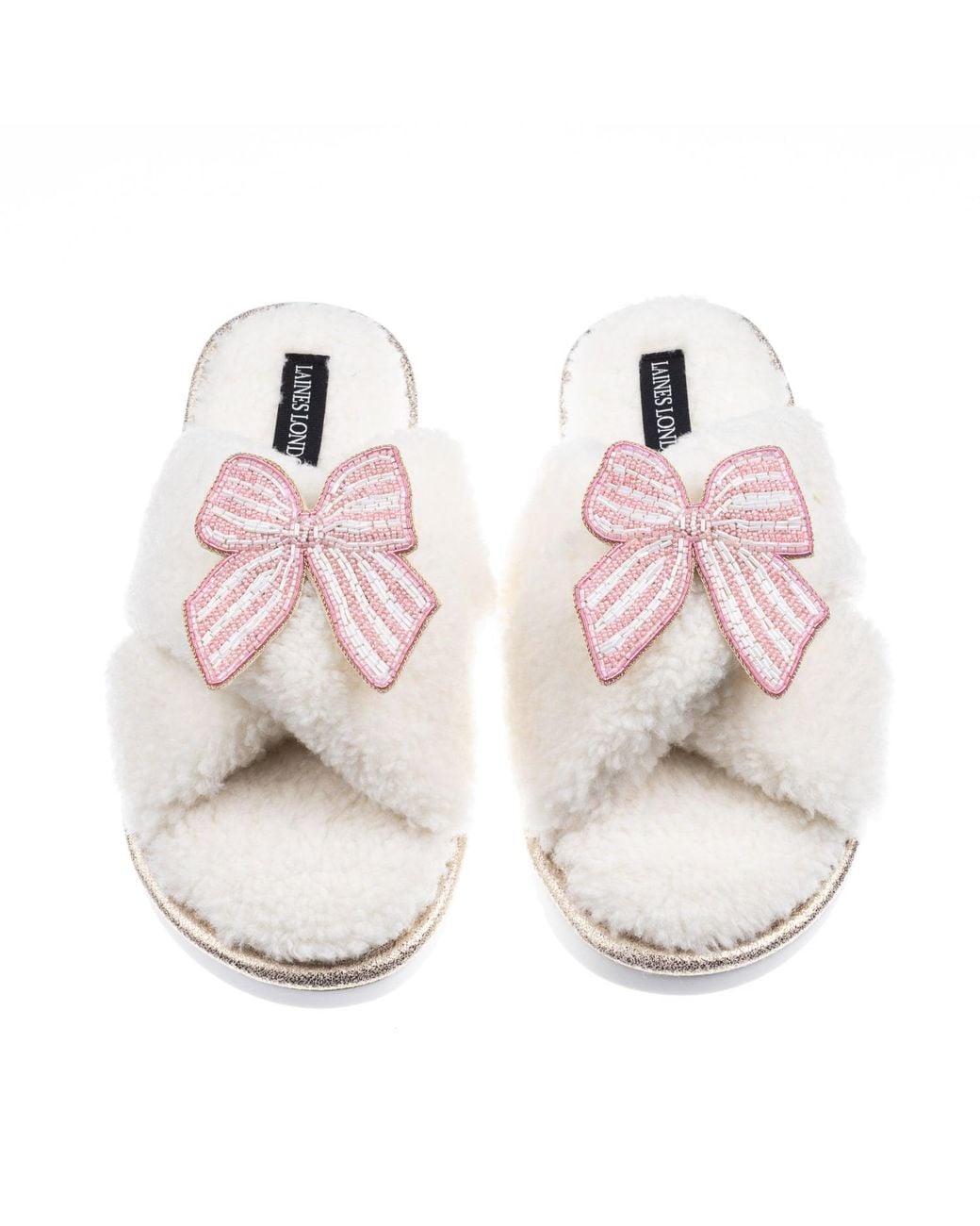 Laines London Pink Neutrals Laines Neutral Boucle Slippers With Stripe Bow Brooches