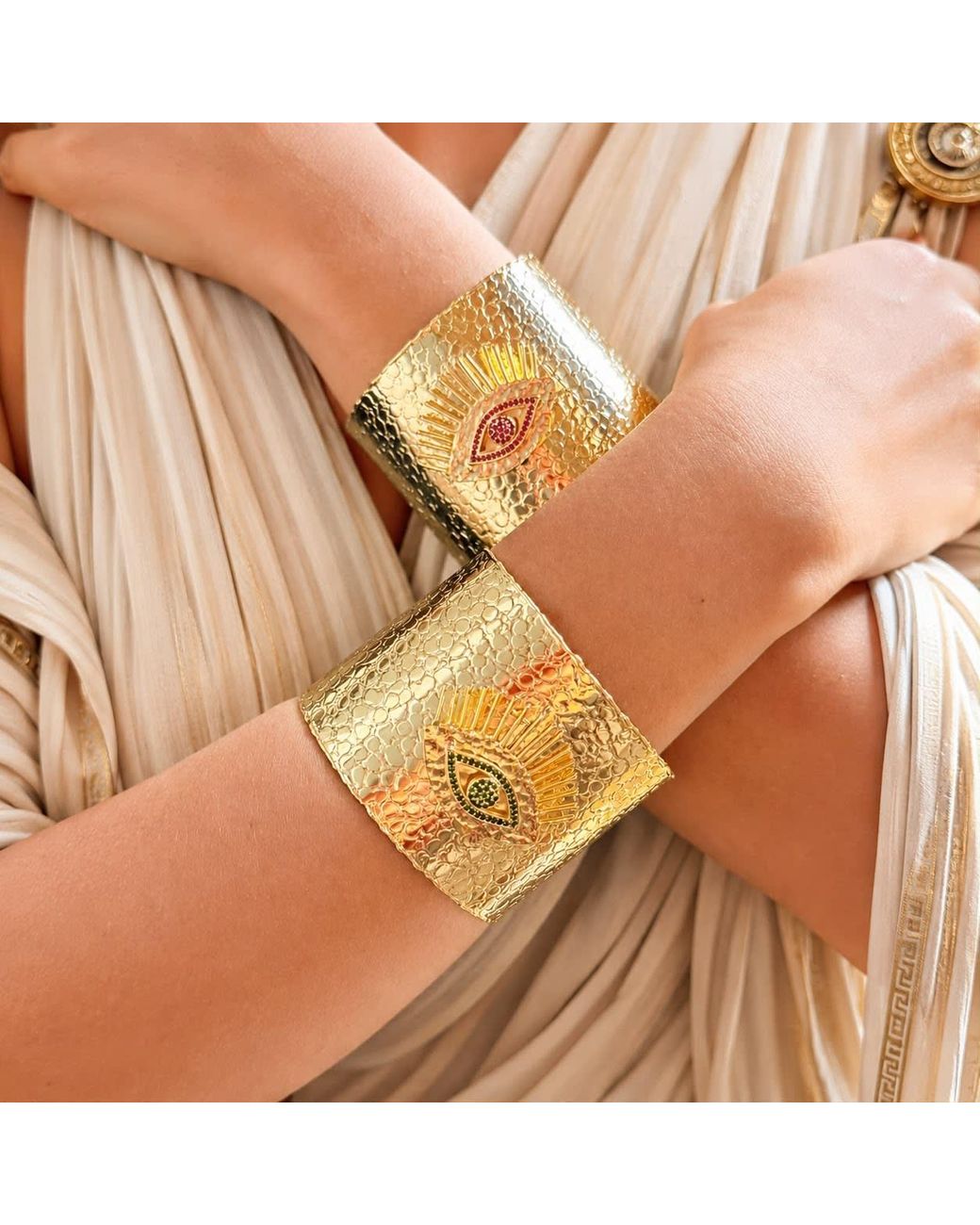 By Ozge Metallic Divine Gaze Emerald Stone Evil Eye Plated Statement Cuff Bracelet