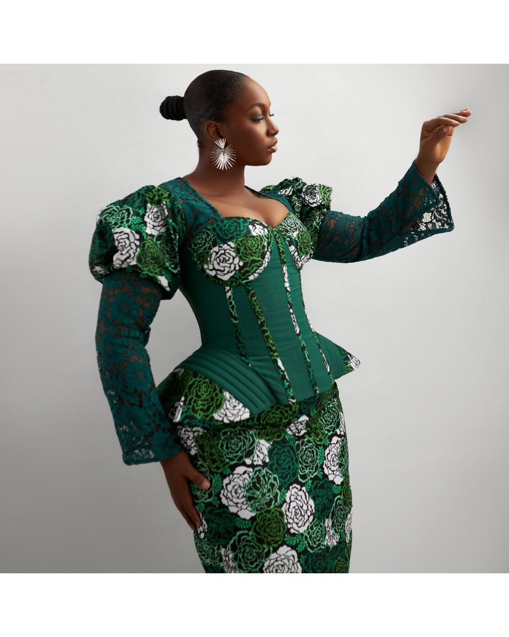 Spring Stitches Green Niniola Cotton Corset Top, Maxi Skirt & Head-Wrap Set