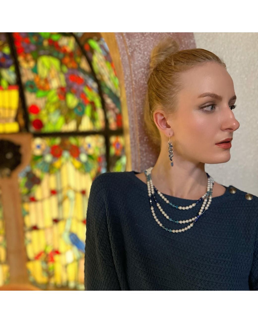 Farra Blue Gemstone And Freshwater Pearls Colour Blocking Multi-Strands Necklace