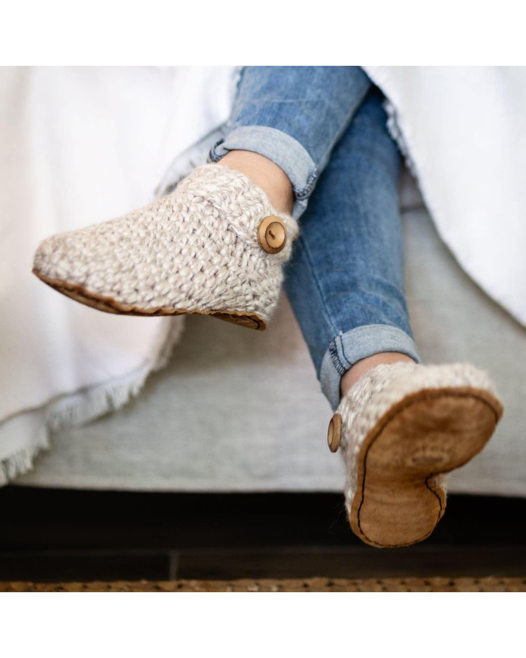 Kingdom of Wow White Neutrals Artisan Made Ankle Boot Wool Slippers For