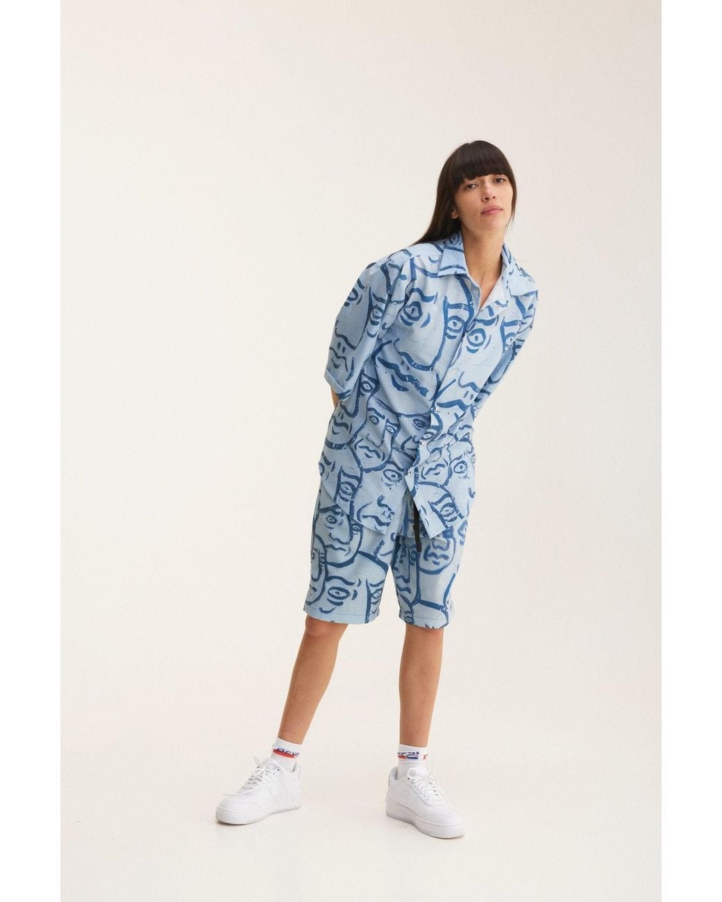 mysimplicated Blue Short Sleeve Shirt And Bermuda Set With Faces Design