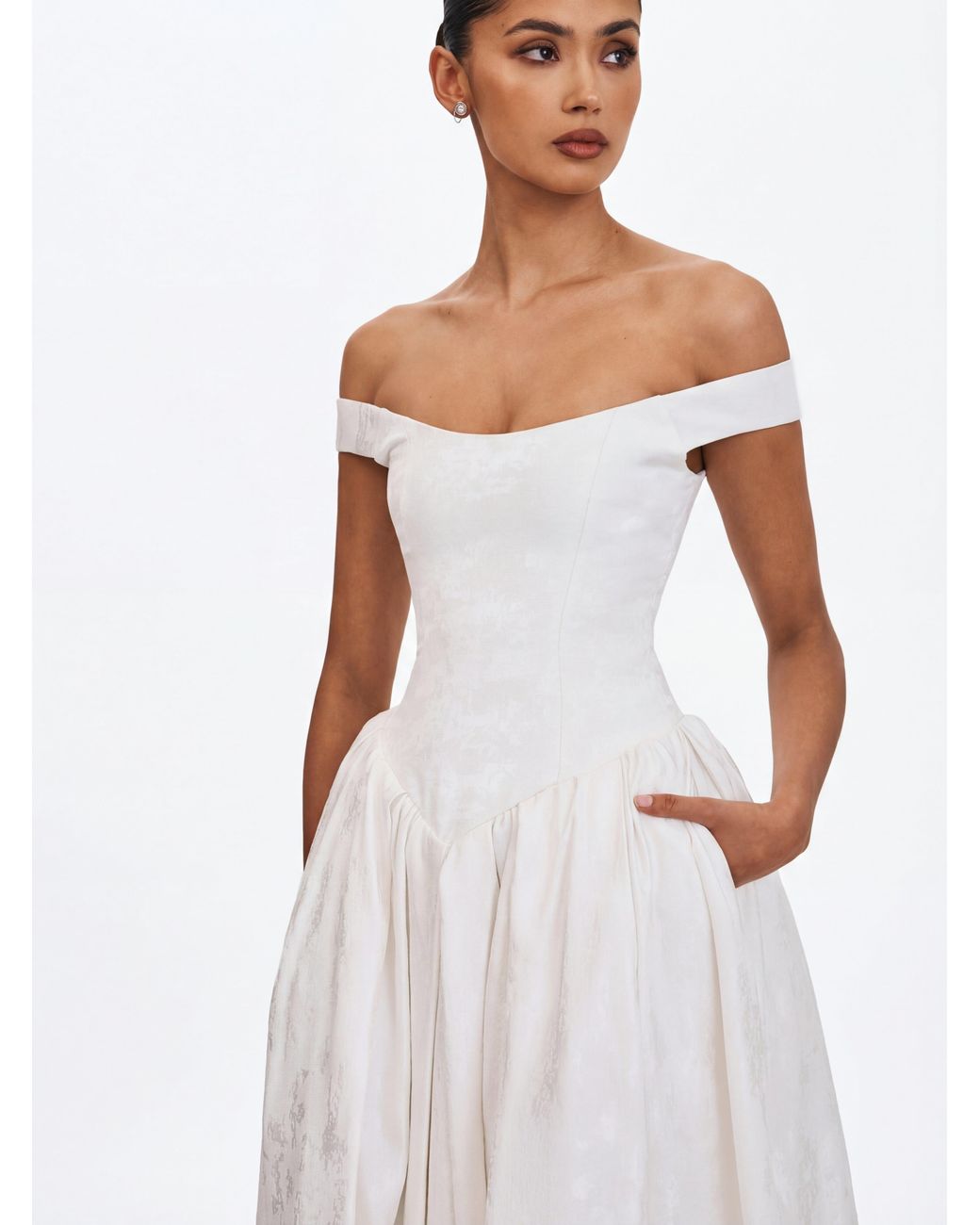 Miss Circle New York White Tinsley Jacquard Bardot Wedding Gown