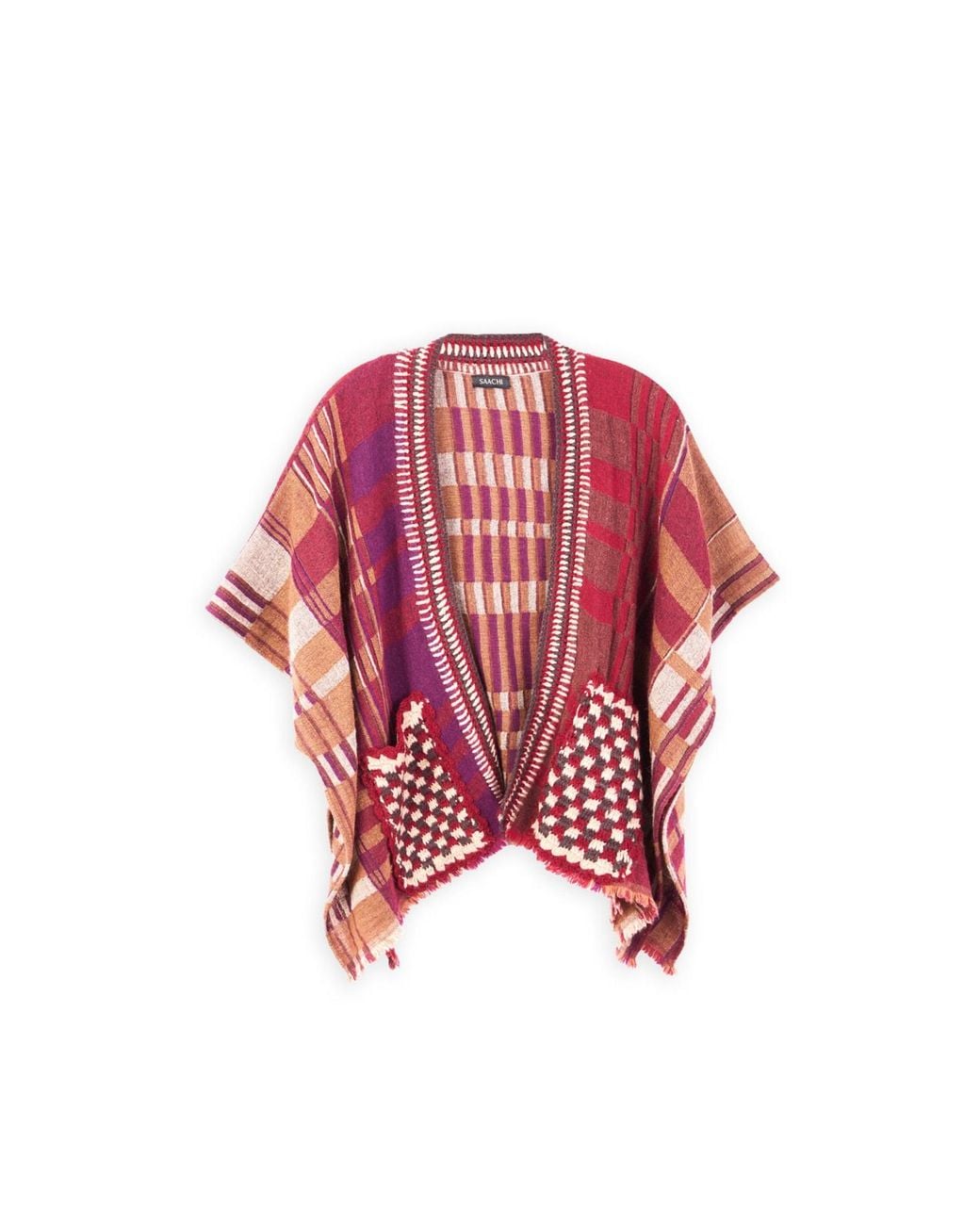 Saachi Red Crochet Trim Plaid Knit Poncho