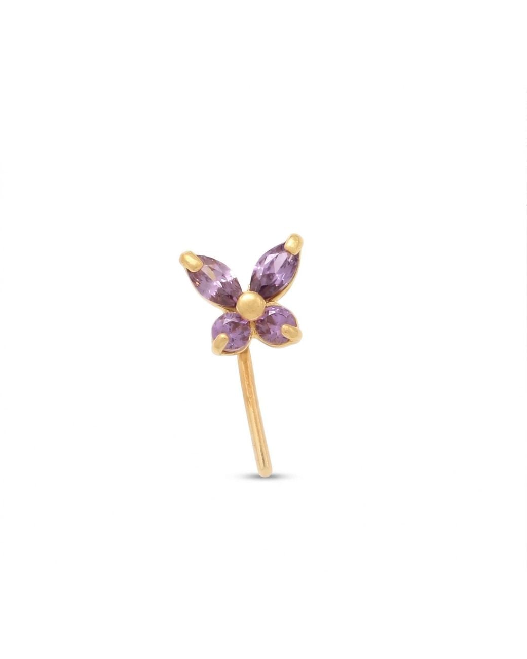 Zahav Jewelry Metallic 14K Solid 24G Amethyst Cz Butterfly L-Shape Nose Stud