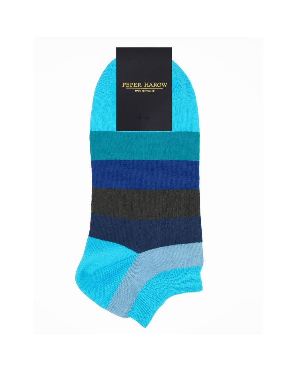 Peper Harow - Made in England Blue Block Stripe Aqua & Dash Trainer Socks Bundle for men