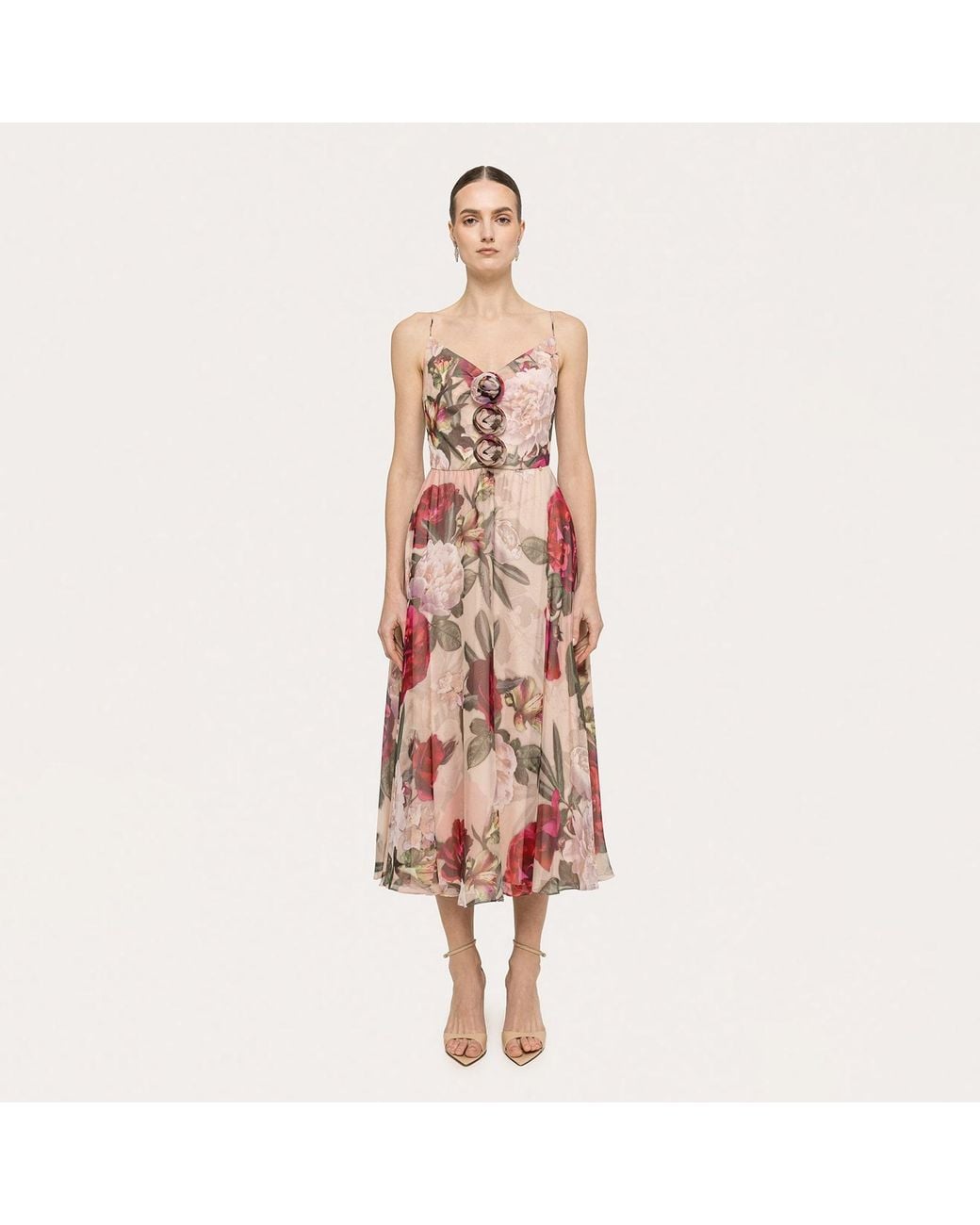 Nissa Pink Floral-Detail Silk Midi Dress
