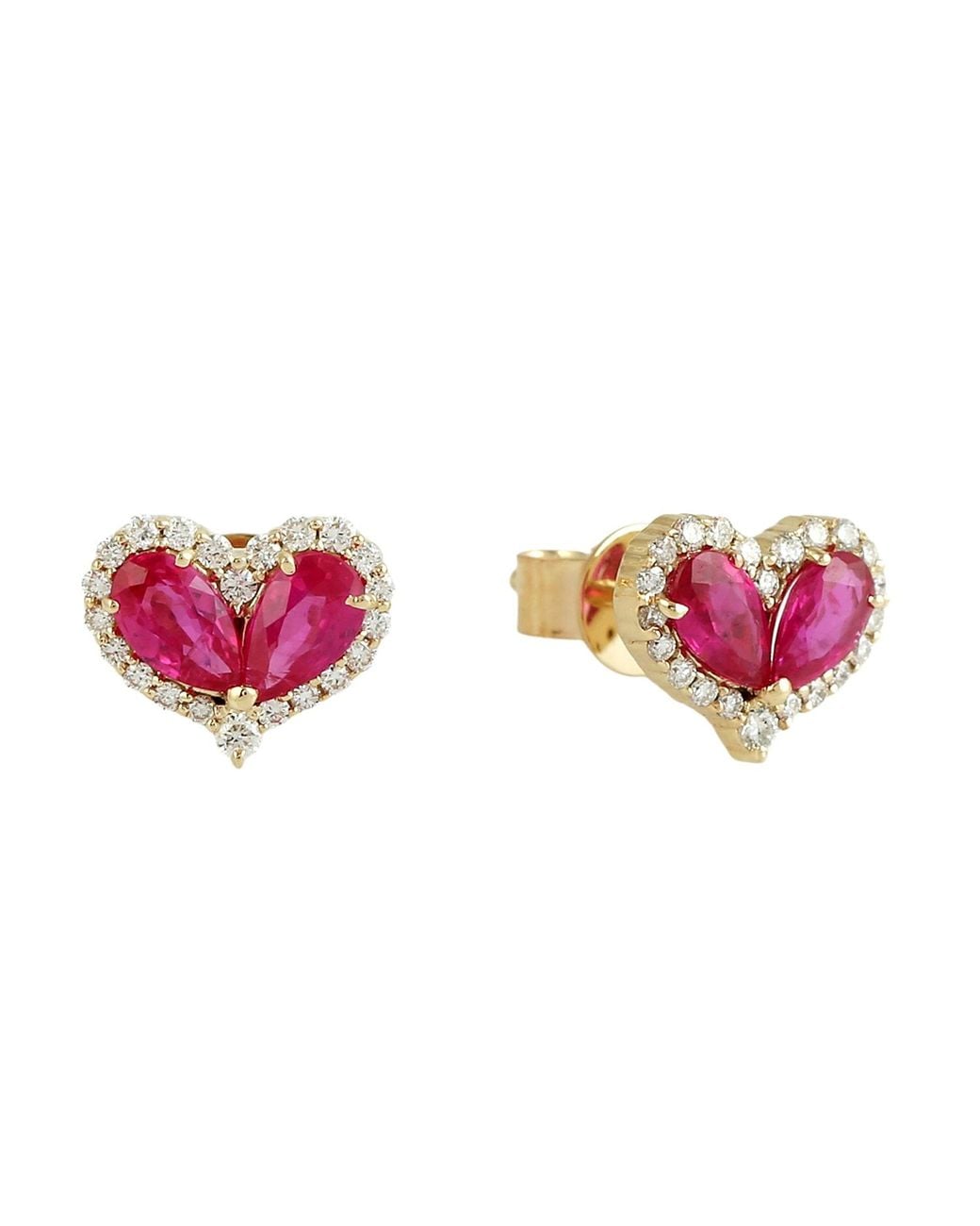 Artisan Pink Natural Ruby & Diamond Heart Stud Earrings