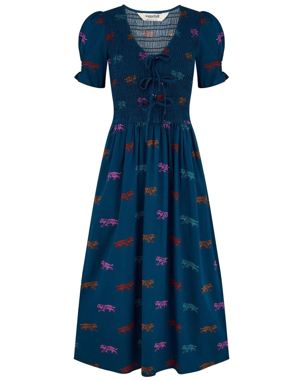 Sugarhill Blue Lacy Shirred Midi Dress Petrol Tiger