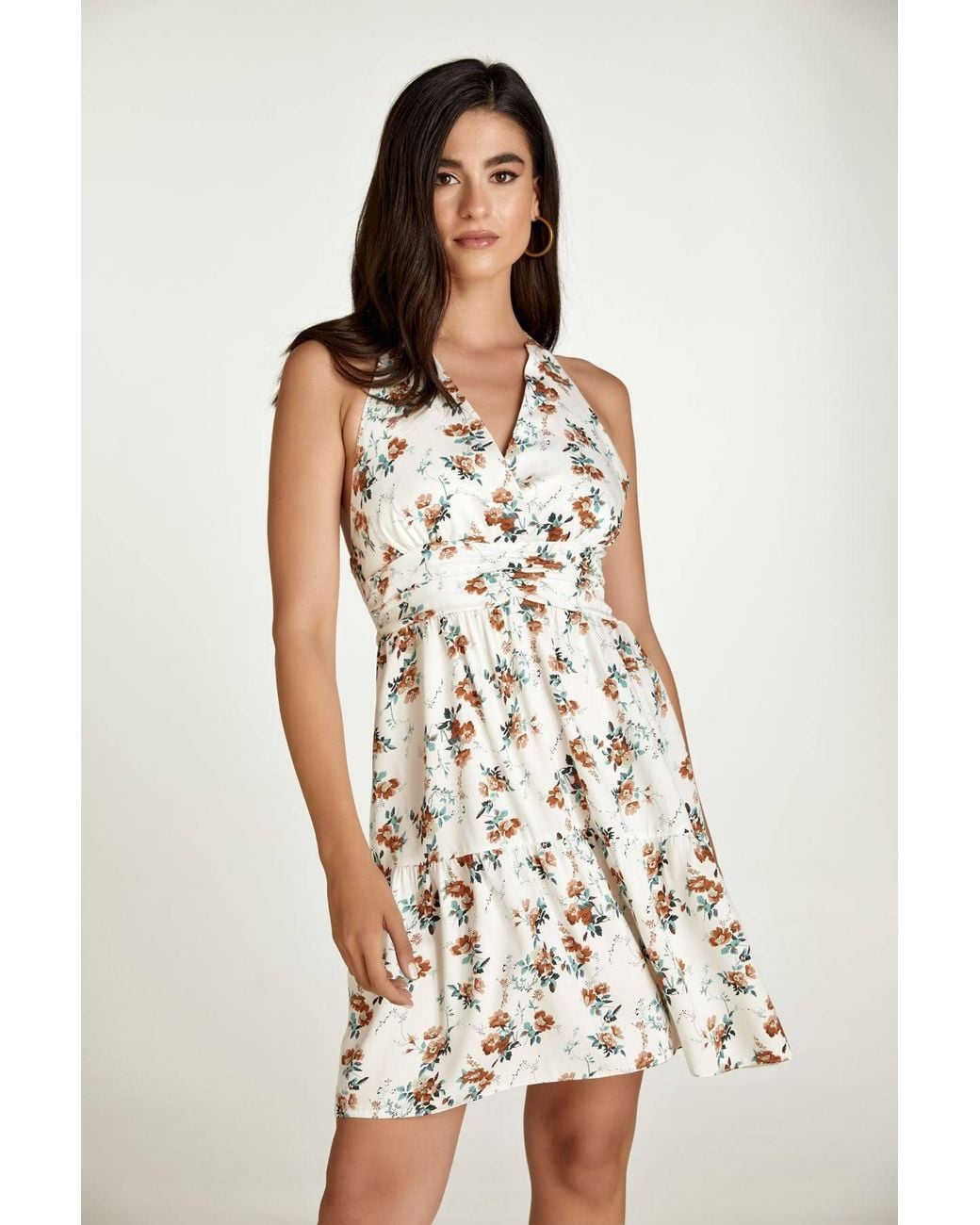 Conquista White Neutrals Ecru Floral Empire Line Mini Dress