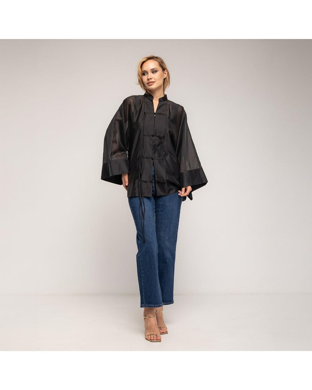 Tantra Spain Sl Black Oversized Shirt With A Japanese-Style Closure, Mandarin Collar