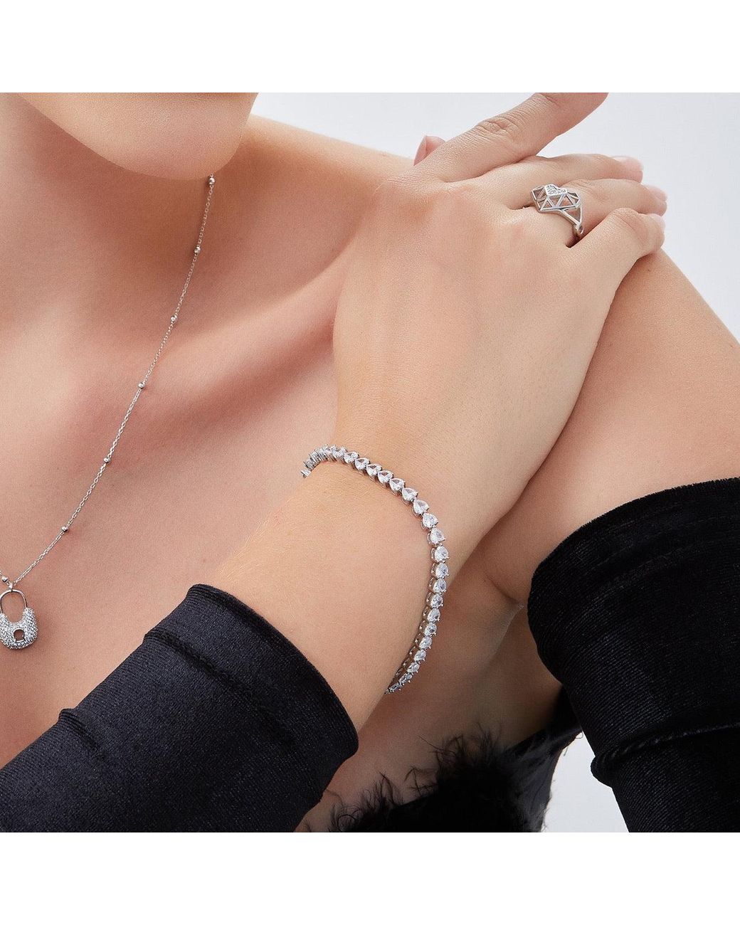 Spero London Metallic Heart Tennis Bracelet Sterling