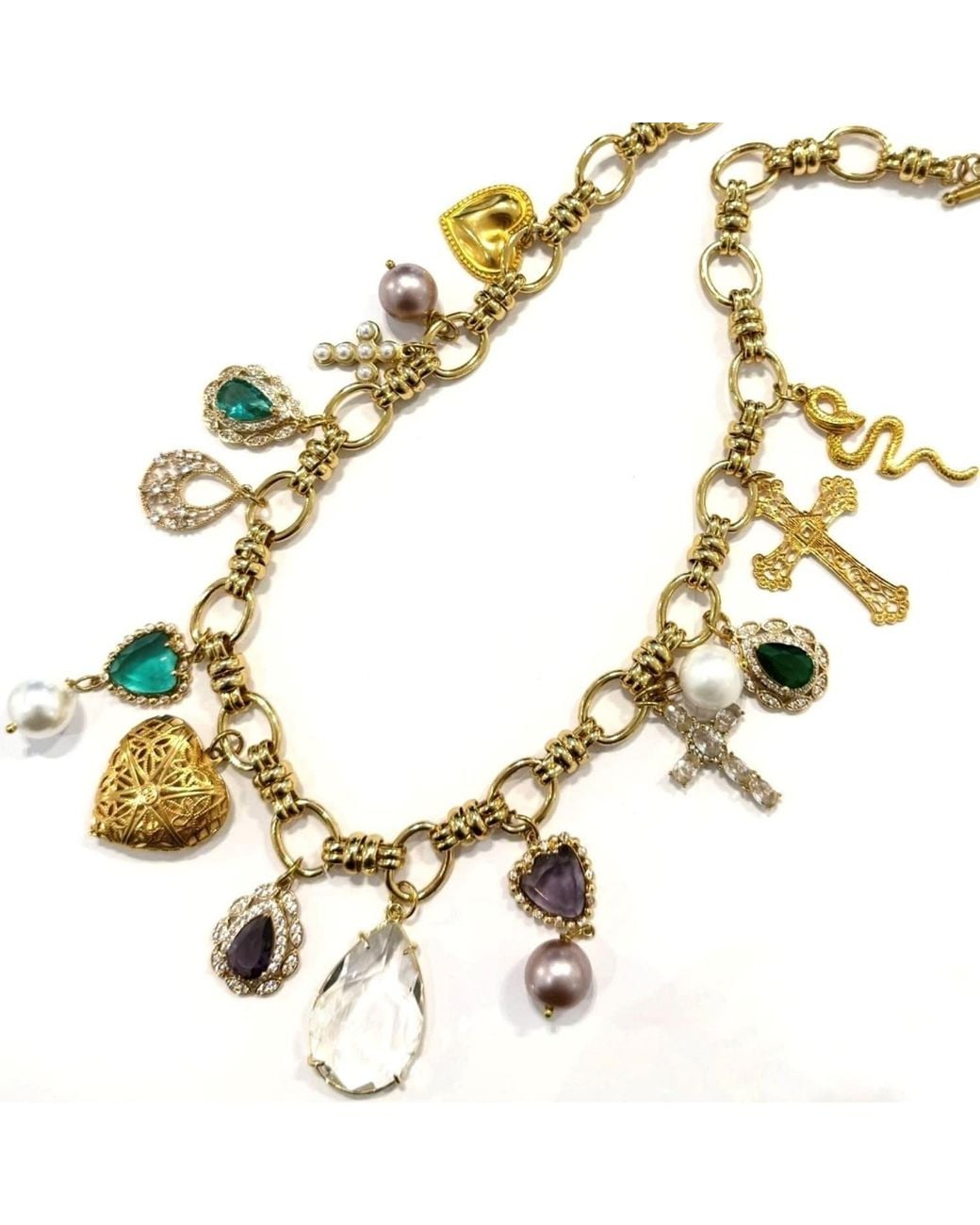 Achala Handcrafted Metallic Heart Locket Crystal Charm Chain Necklace