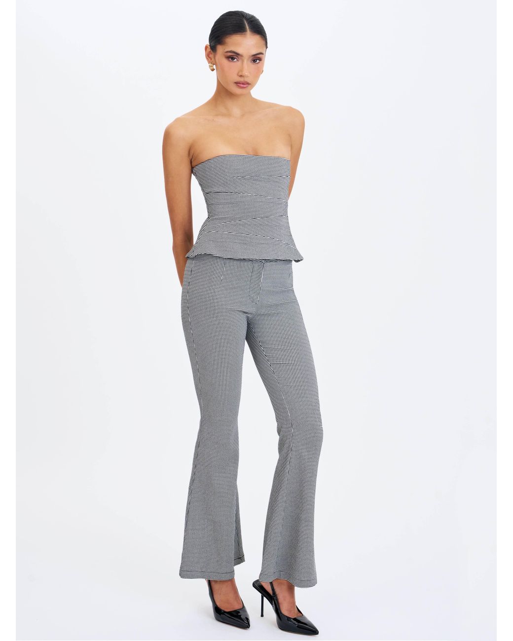 Miss Circle New York Gray Ulli Micro-Houndstooth Flared Pants