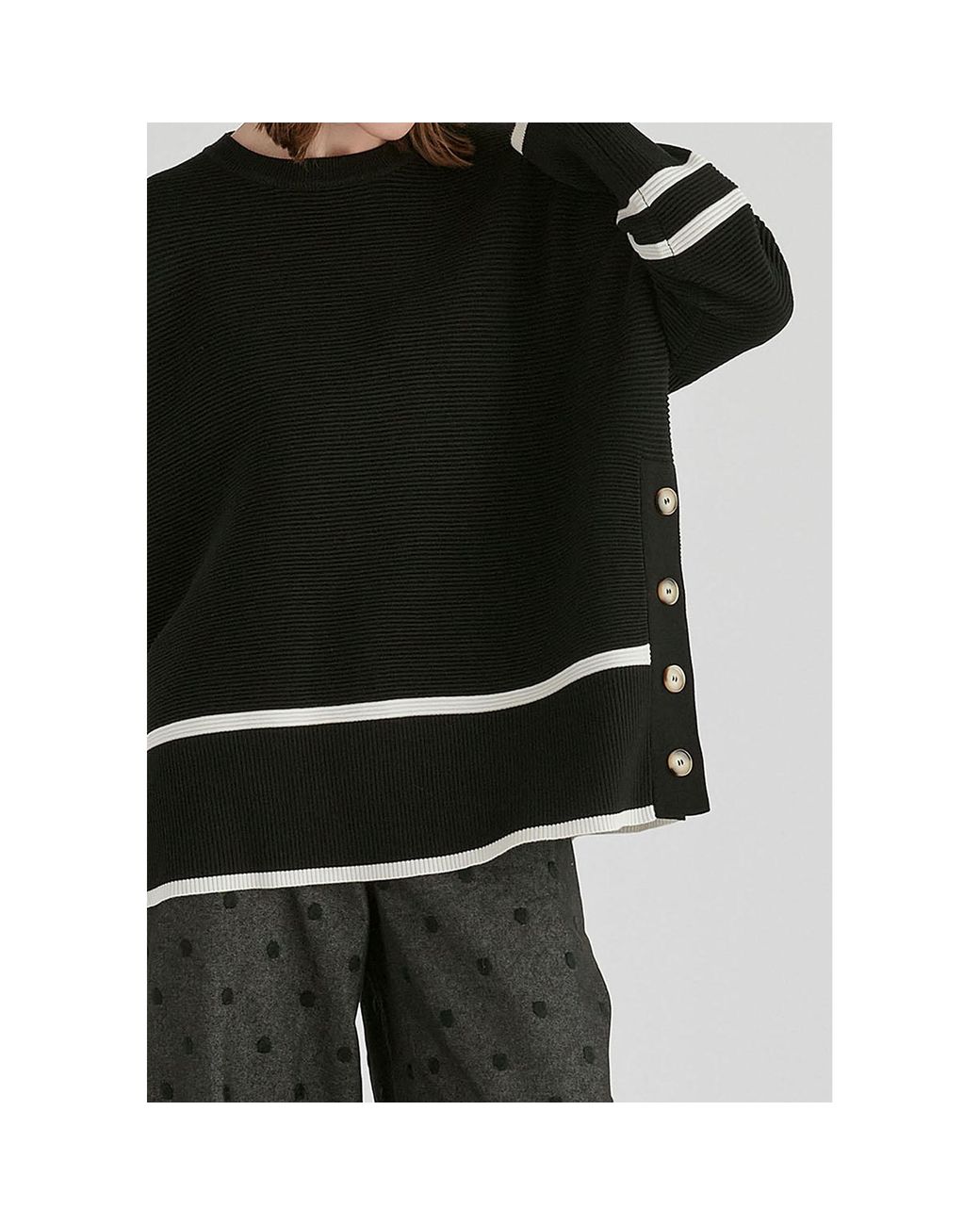 Paisie Black Striped Details Ribbed Jumper With Side Buttons