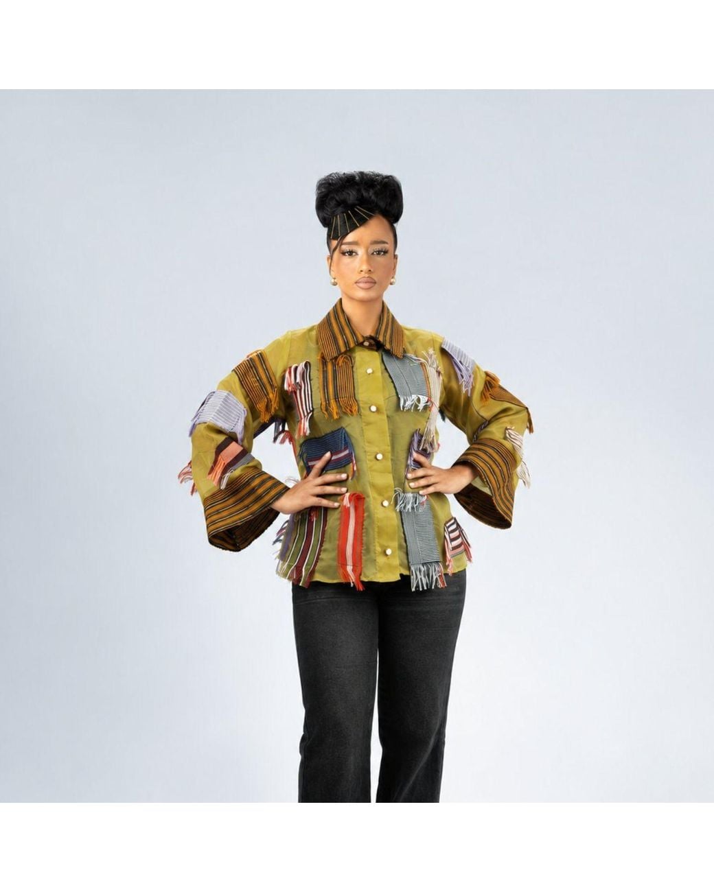 Beautiful Stitches Ltd Green Aso Oke Patchwork Organdy Shirt— Mustard