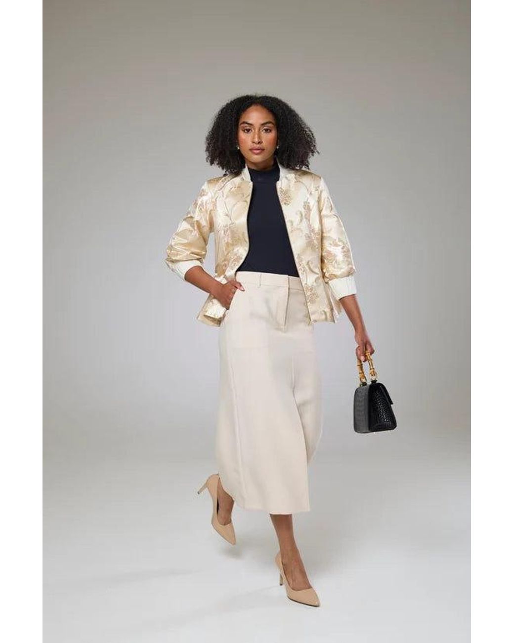 Lioness by Tf Natural Neutrals Ivory Shimmery Flora Fitted Jacket Blouse