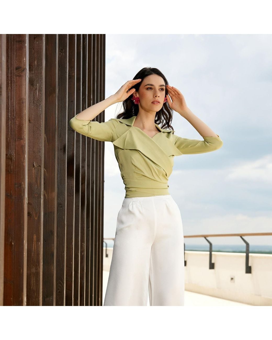 AVENUE No.29 Yellow Satin Viscose Lapel Wrap Blouse With Bow
