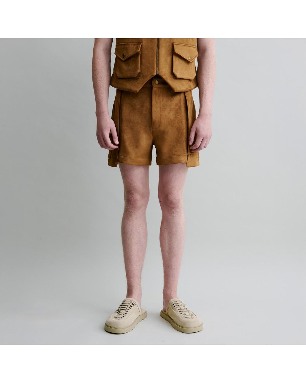 Luroq London Brown Box Pleat Shorts for men
