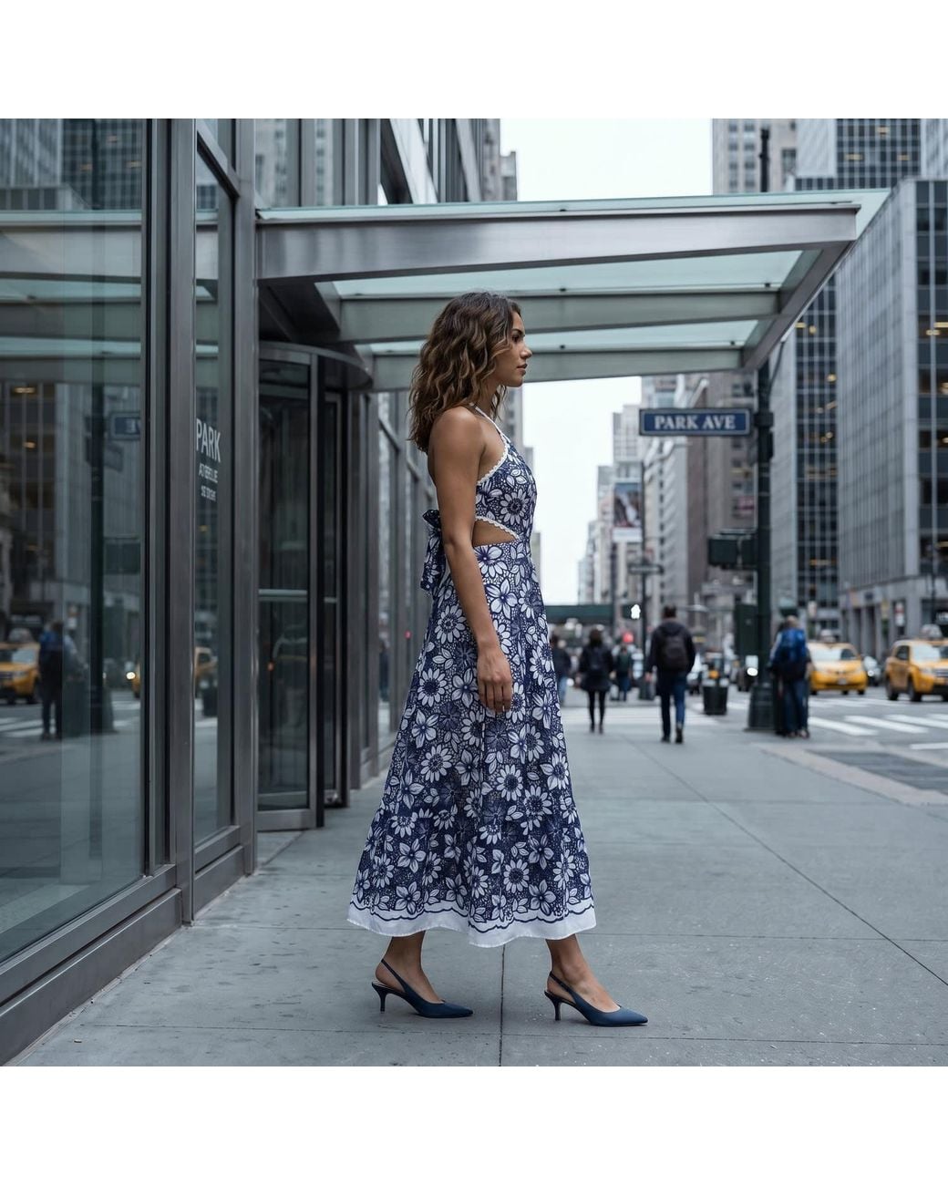 Modenaire Blue Halter Dress With Vintage Embroidery And Cutout Waist