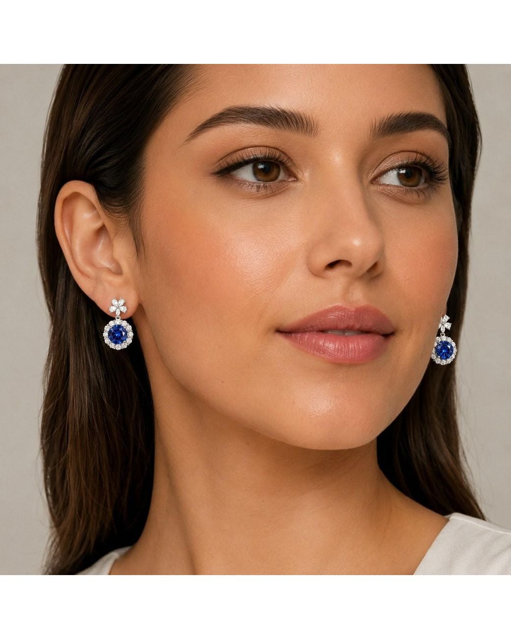 Juvetti Blue Round Sapphire Halo Pendant Earrings With Flower Bail