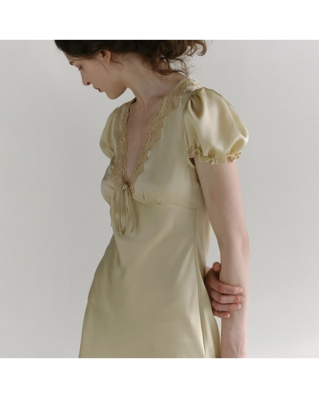 Belsize25 Metallic Lemon Tart Dress – Lace-Trim Bias-Cut Satin Dress