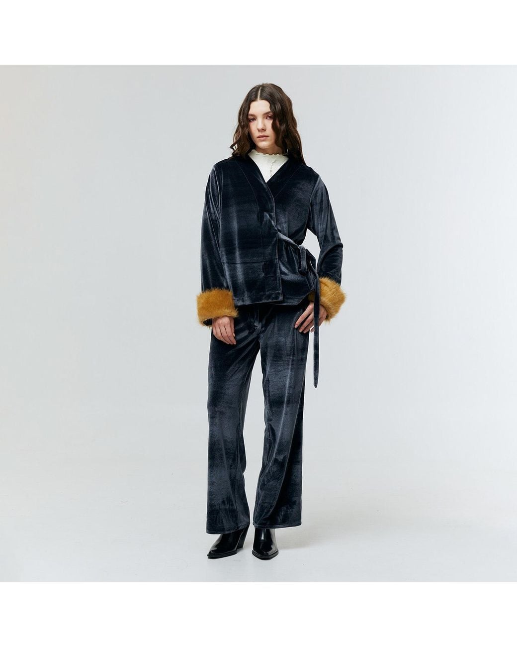 Ats the Label Black Aurielle Velvet Fur Cuff Top