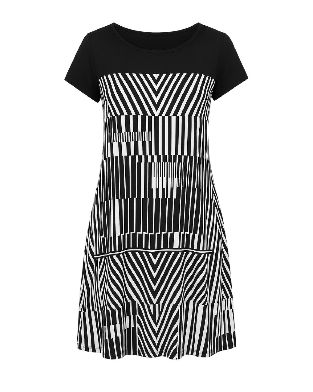 Conquista Black Short-Sleeve A-Line Dress With Geometric Print